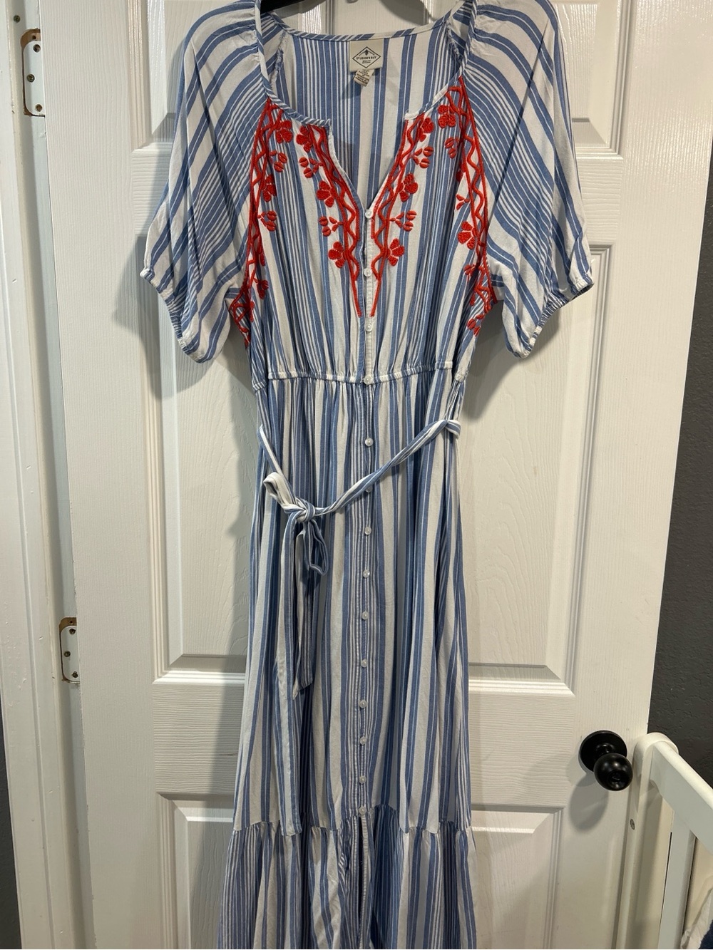St. John's Bay Blue & White Striped Maxi Dress with Red Embroidery